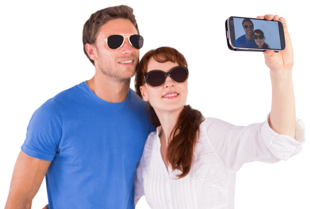 Joyful Couple in Sunglasses Taking Selfie with Transparent Background