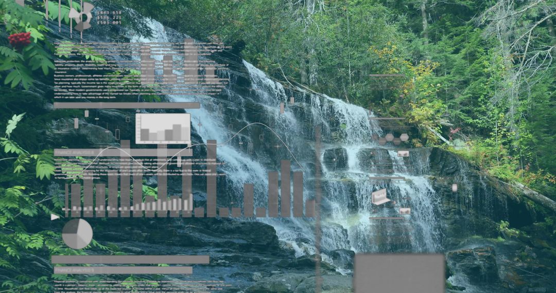 Forest Waterfall with Data Overlays Visualizing Environmental Analytics