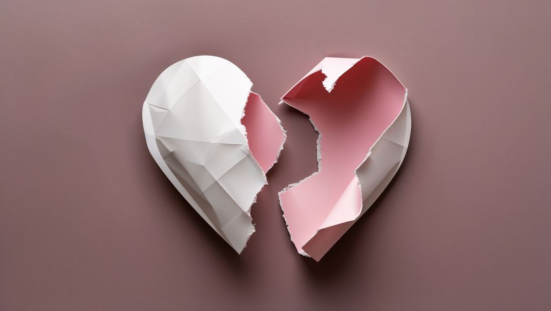 Torn Geometric Paper Heart on Rose Background with Visible Edges