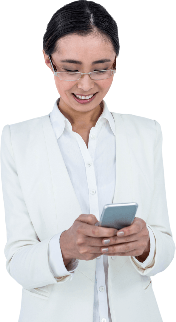 Transparent Businesswoman Smiling at Phone in Formal Wear
