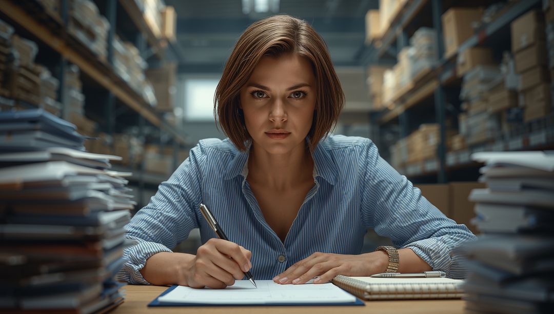 Businesswoman Annotating Documents in Office Storage