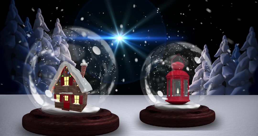 Two Snow Globes with House and Christmas Lantern in Winter Wonderland - Free Images, Stock Photos and Pictures on Pikwizard.com