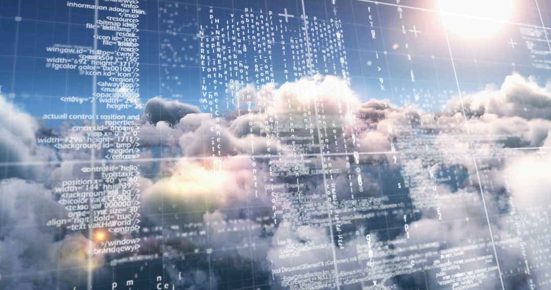 Digital Code Overlay on Cloudy Sky Imagery