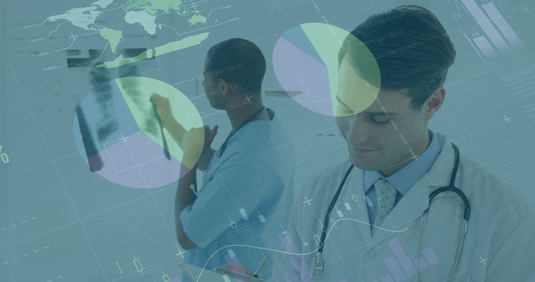 Diverse Doctors Analyzing Global Medical Data Visualization