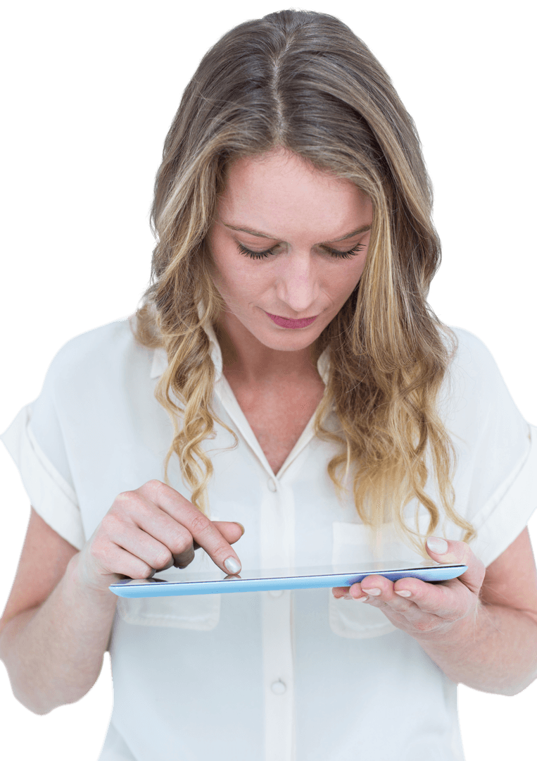 Transparent Image of Woman Interacting with Tablet Device