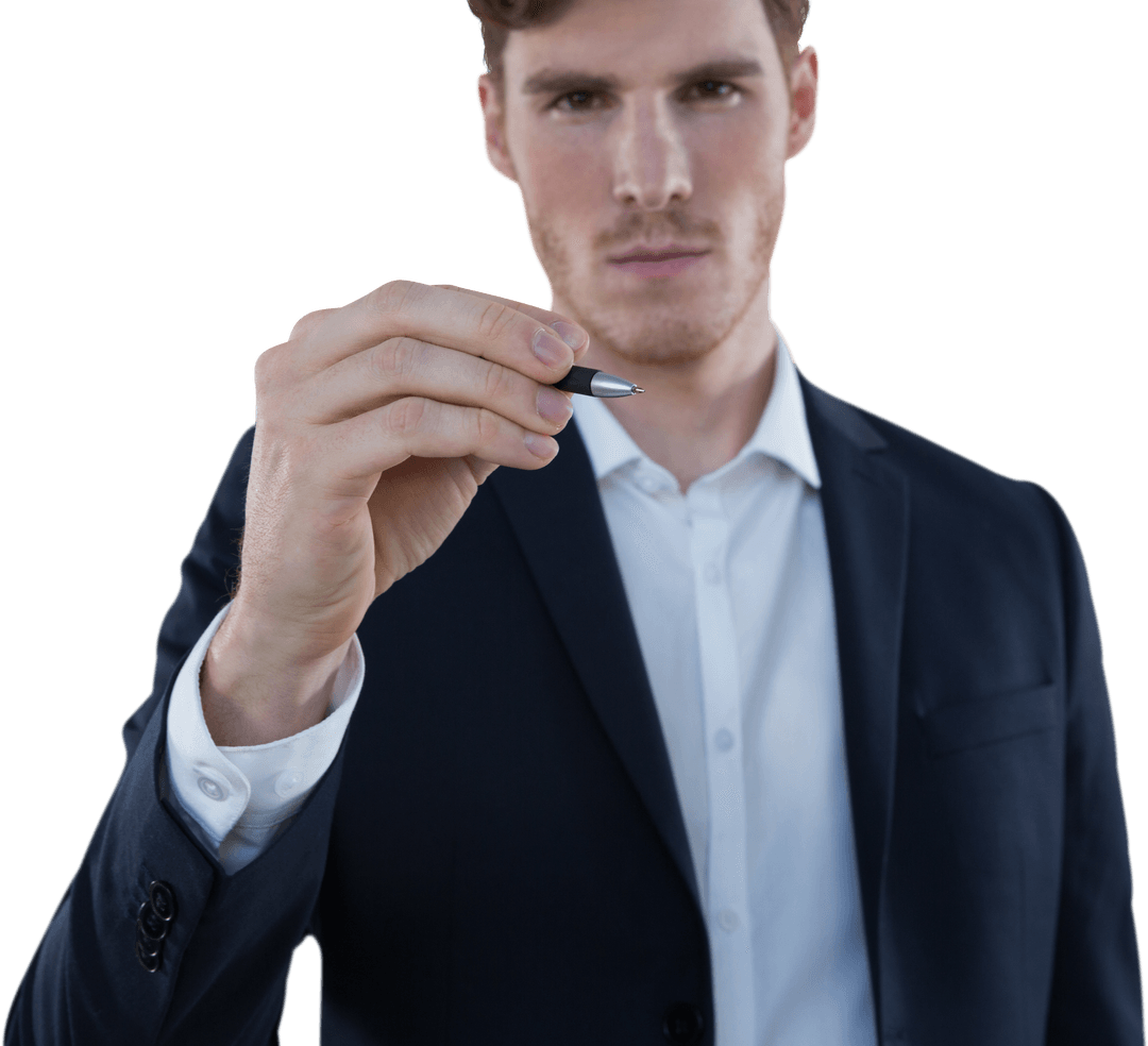 Male Executive Writing on Transparent Invisible Screen Close-Up