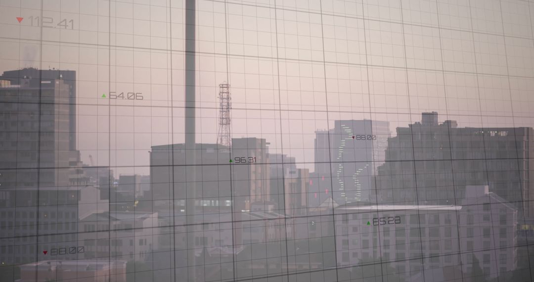 Urban Skyline at Dawn with Digital Grid Overlay