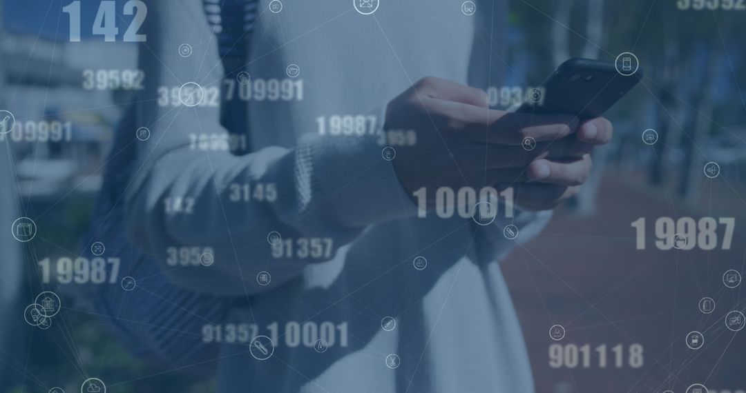Man Holding Smartphone amidst Virtual Network and Data Numbers