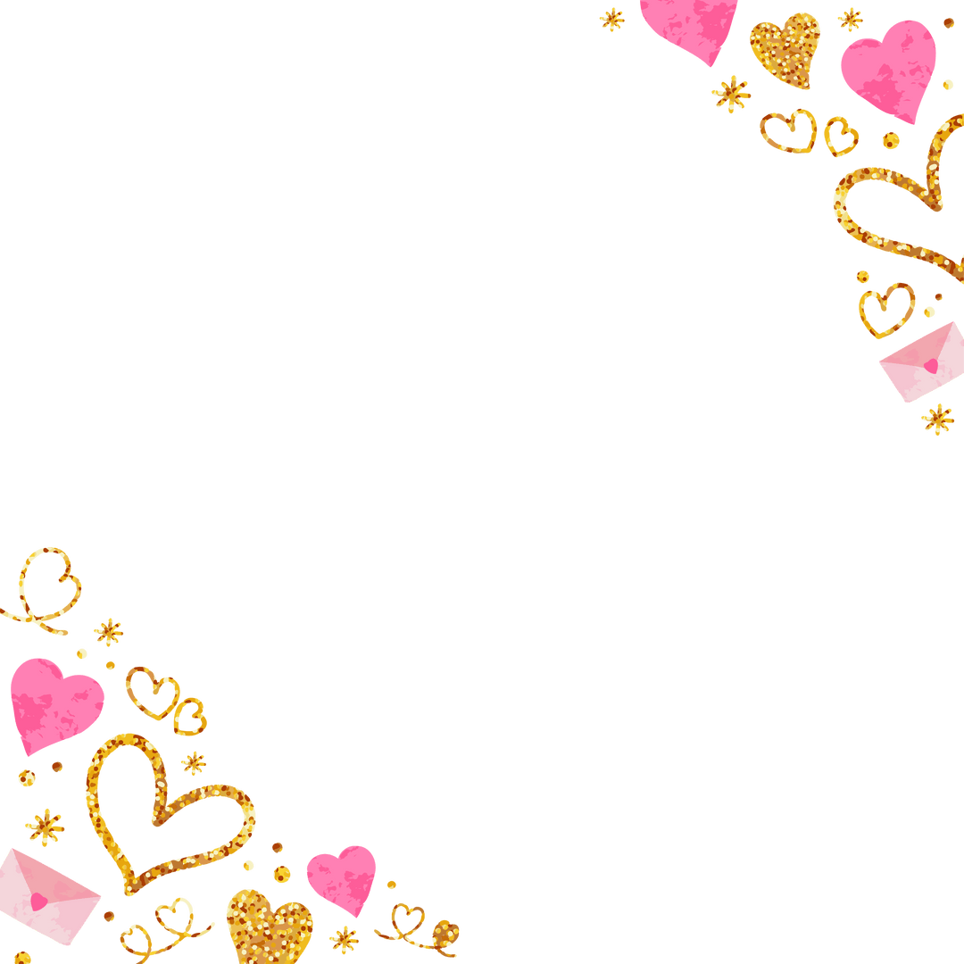 Glittering Pink Gold Hearts and Envelopes on Transparent Background