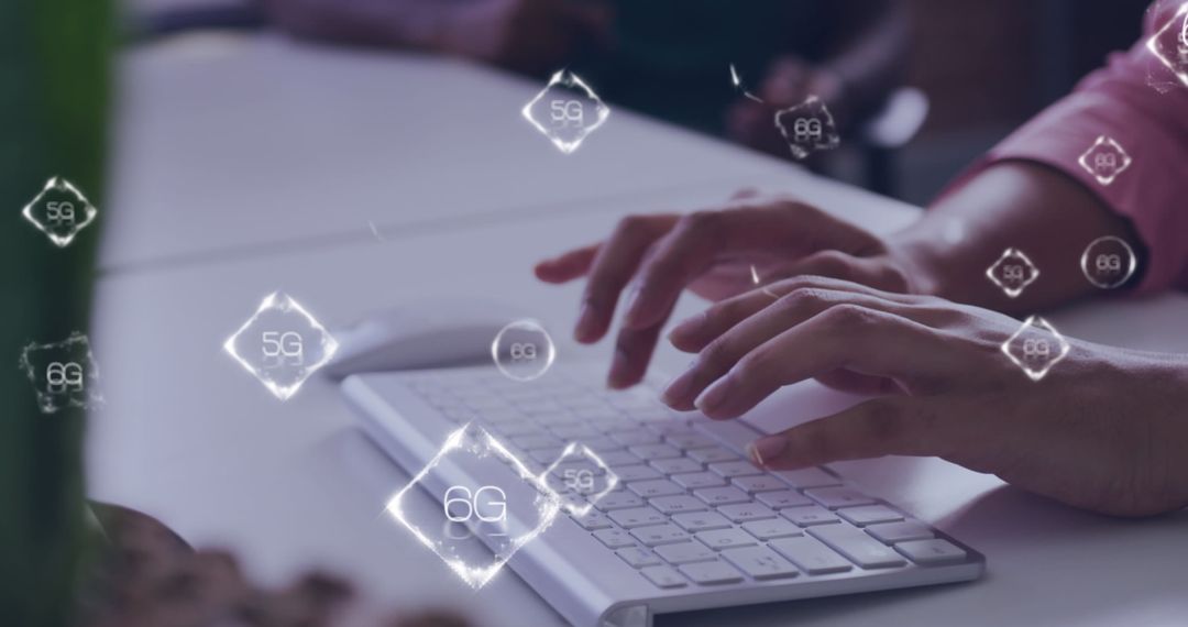 Hands Typing on Keyboard with 6G Technology Overlay