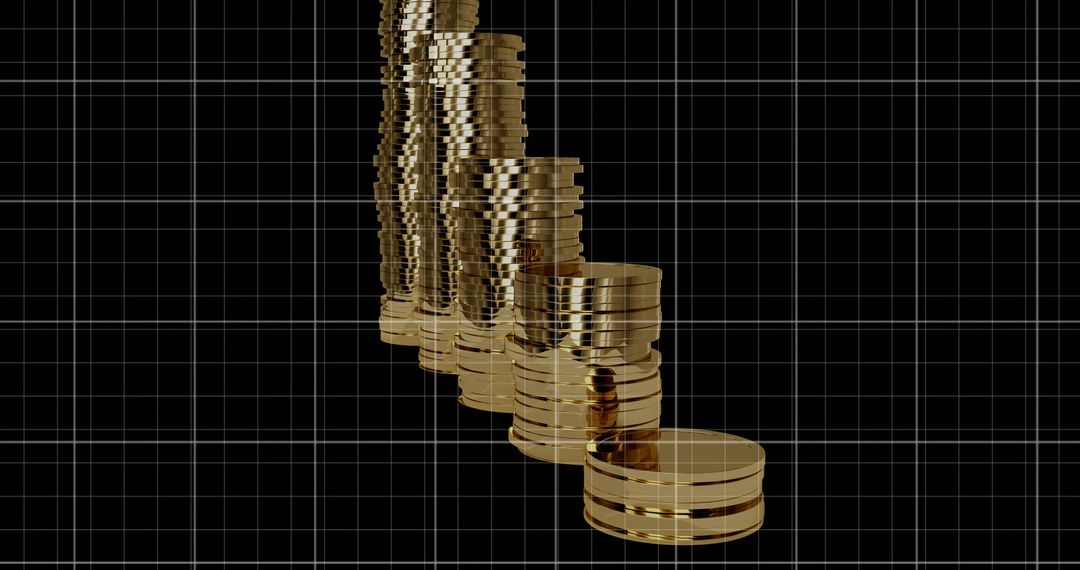 Reflective Gold Coin Stacks Rising Diagonally Across Futuristic 3D Grid Background