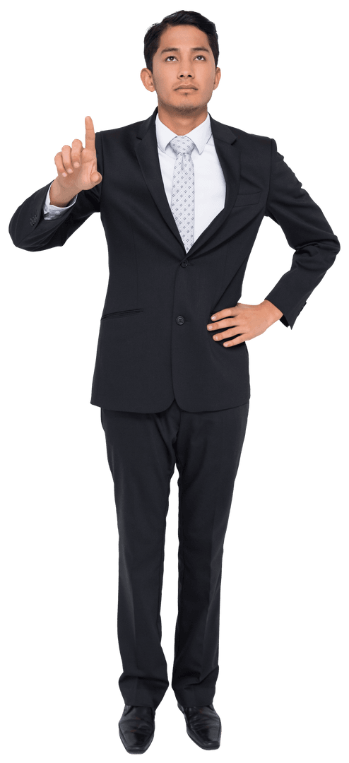 Focused Asian Businessman on Transparent Background Pointing