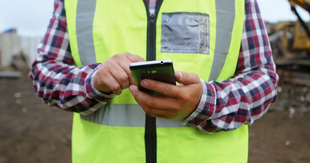 Worker Using Smartphone for On-Site Management in Scrap Yard - Free Images, Stock Photos and Pictures on Pikwizard.com