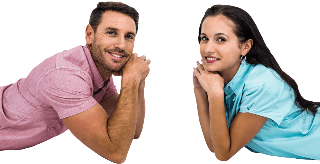 Transparent Smiling Couple Laying Face to Face on Floor
