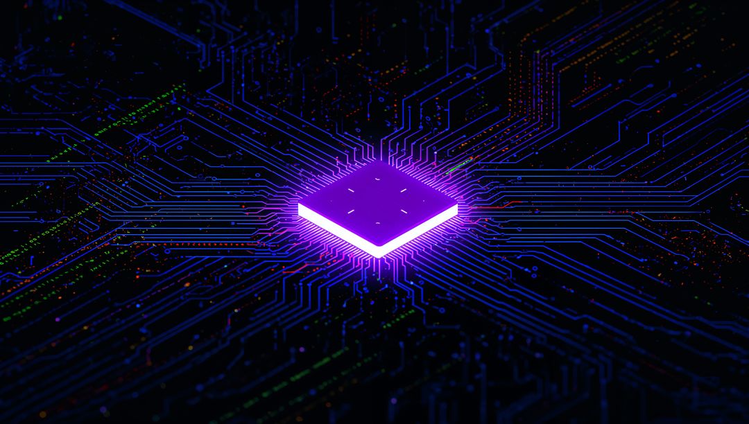 Futuristic Glowing Microchip on Circuit Board within Digital Environment