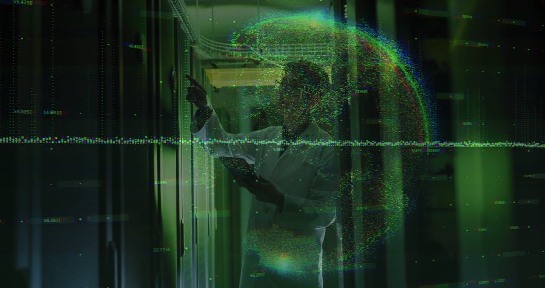 Technician Analyzing Cybersecurity Data in Futuristic Server Room