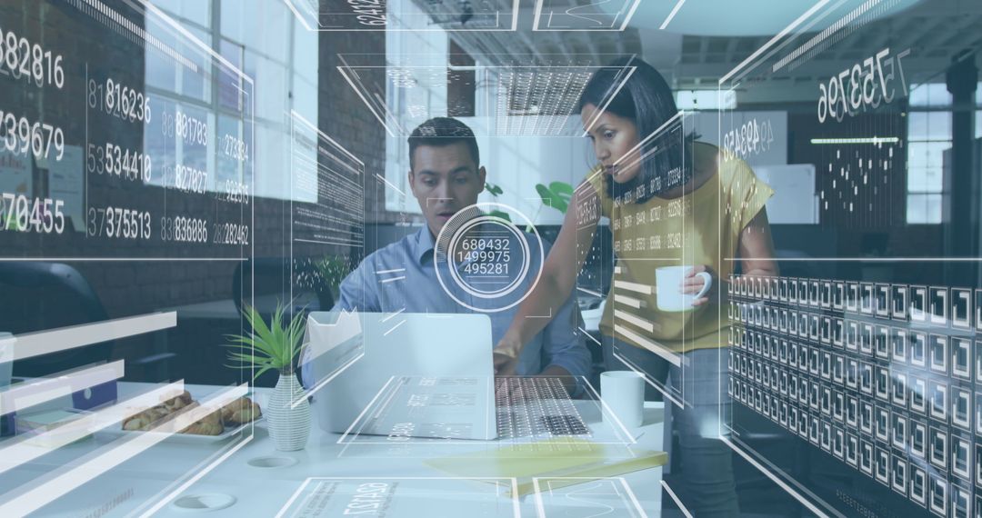 Diverse Professionals Collaborating with Virtual Data Display in Modern Office