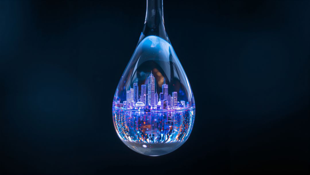 Hanging teardrop glass droplet refracting inverted neon city skyline with bokeh glow