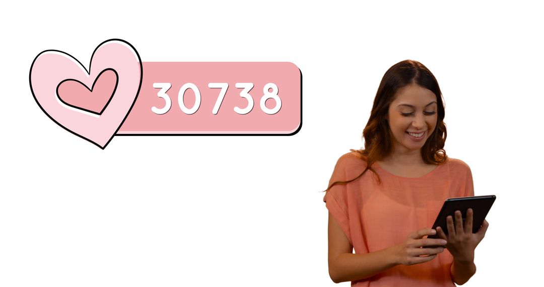 Woman Engaging with Tablet and Heart Icon for Social Media Interactions