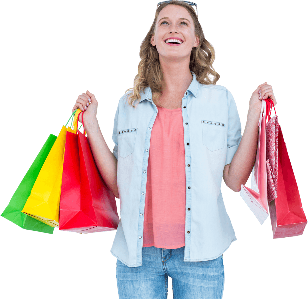 Transparent Joyful Woman Shopping with Colorful Bags