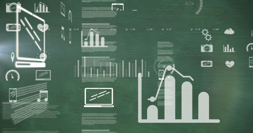 Digital Icons and Data Graphics on Green Chalkboard Background