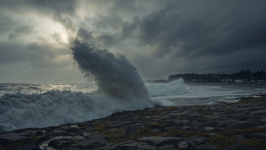 Dramatic Ocean Wave Crashing on Rocky Shore at Stormy Coastline