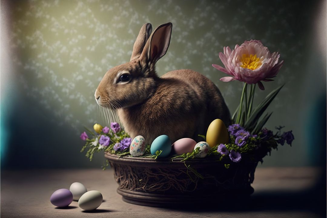 Composition of easter rabbit and easter eggs in basket, created using generative ai technology - Free Images, Stock Photos and Pictures on Pikwizard.com