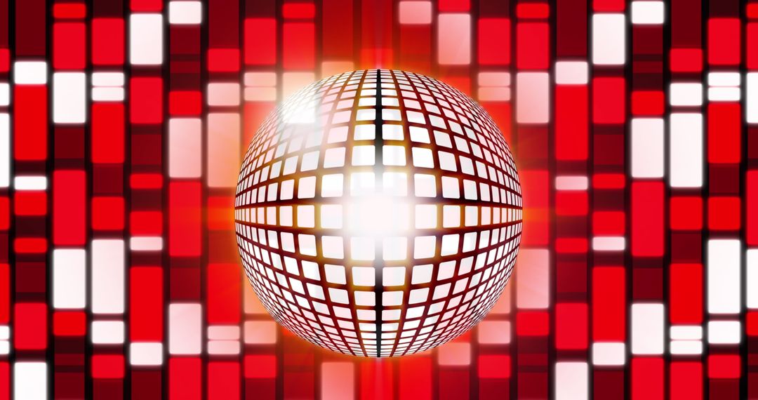 Glowing Disco Ball with Red Rectangles Abstract Party Background