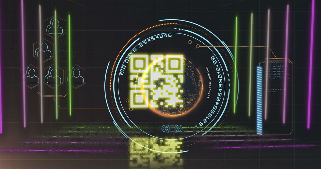 Glowing QR Code with Neon Lights and Digital Patterns
