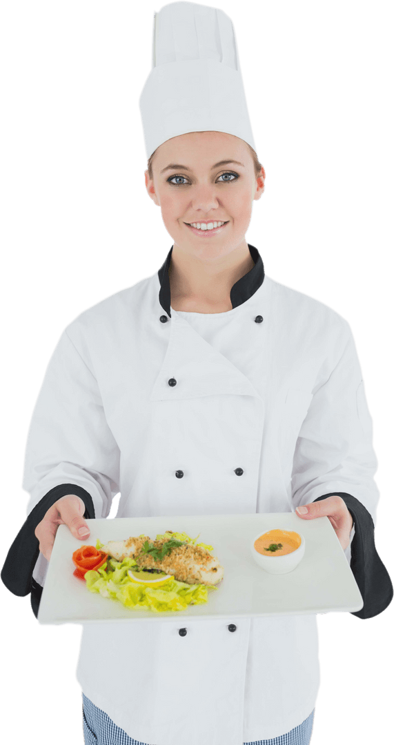 Smiling Female Chef with Dish Transparent Background