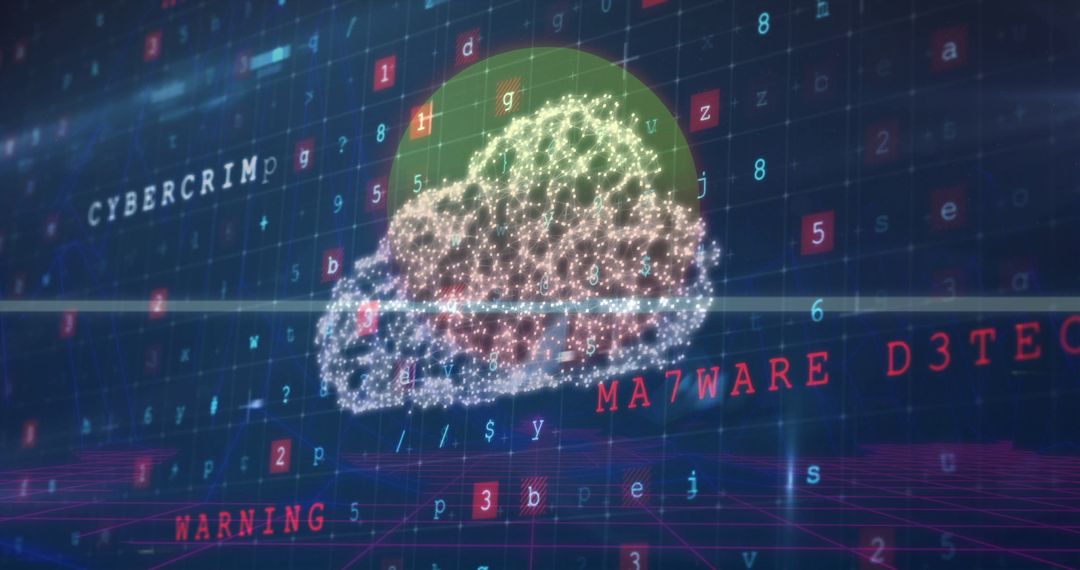 Glowing Digital Cloud with Cybersecurity Warnings and Code Elements