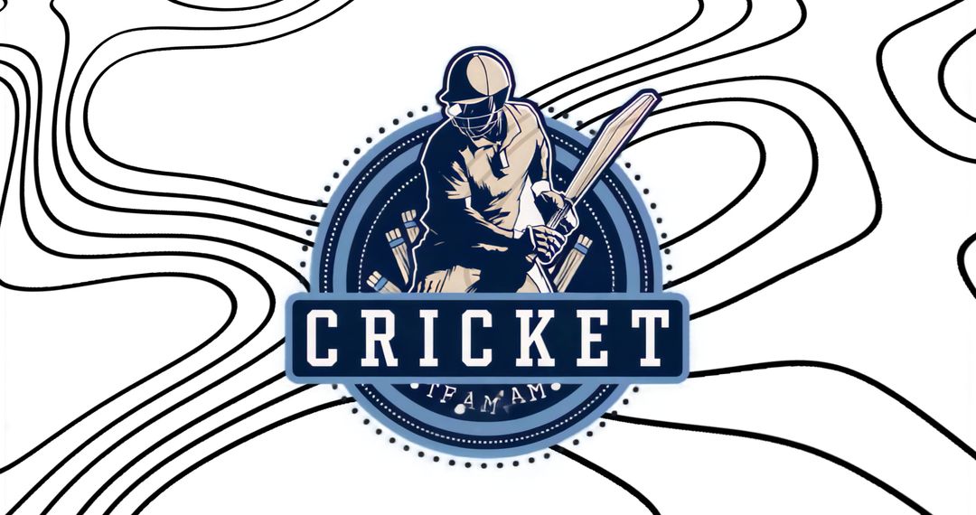 Cricket batsman emblem on vintage circular badge with minimalist flowing line background