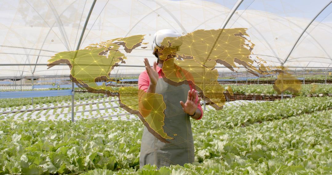 Innovative Horticulture: Woman Controlling Holographic Map in Sustainable Greenhouse