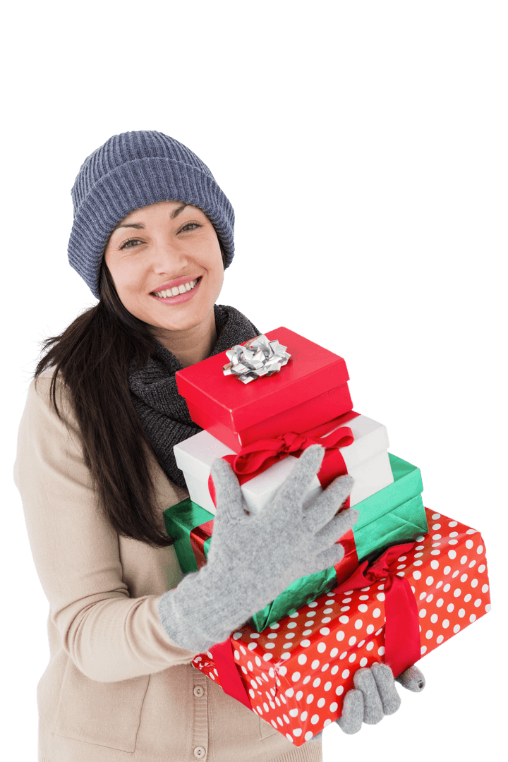 Smiling Woman Holding Colorful Gift Boxes Transparent Background