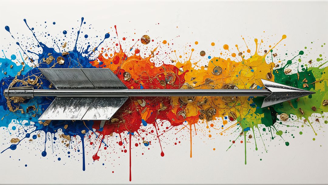 Metallic Arrow with Rainbow Splatters on White Canvas