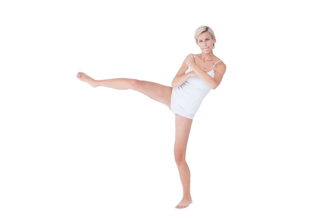 Transparent Woman Exercising with High Leg Kick