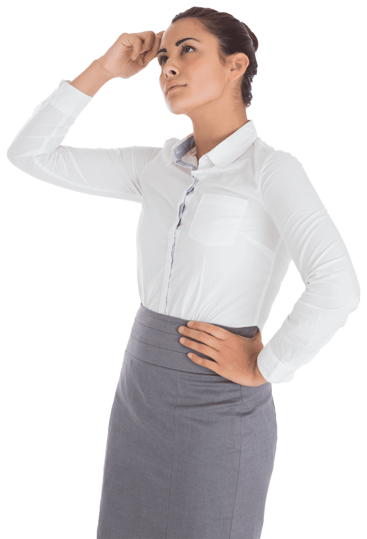 Transparent Businesswoman Focusing and Gesturing with Index Finger