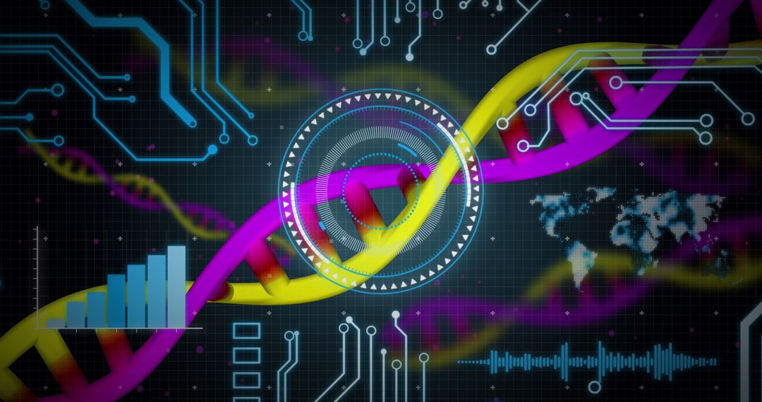 Futuristic DNA Analysis Interface with Graphs and World Map