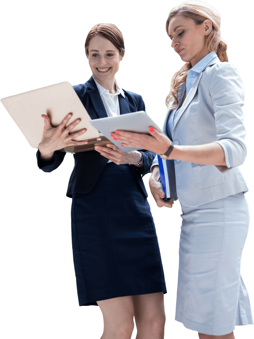 Transparent Smiling Businesswomen Using Digital Devices