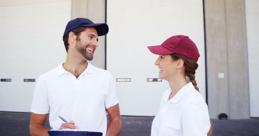 Friendly Interaction Between Professional Delivery Colleagues