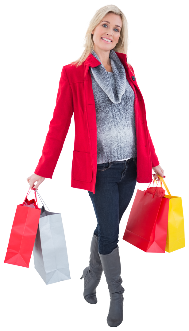 Happy Blonde Woman in Winter Clothing Carrying Shopping Bags on Transparent Background - Download Free Stock Images Pikwizard.com