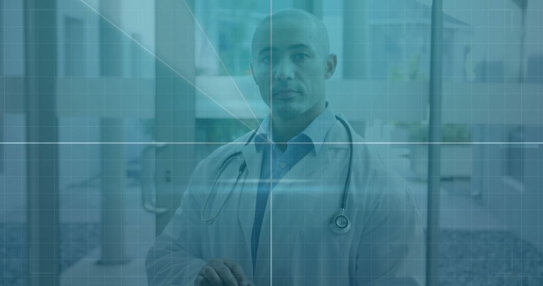 Futuristic Male Doctor in Glassy Environment with Tech Elements