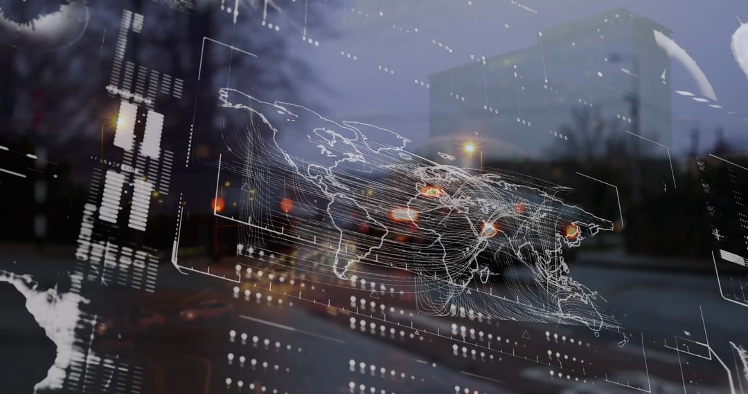 Digital Interface Overlaying Futuristic Cityscape at Night
