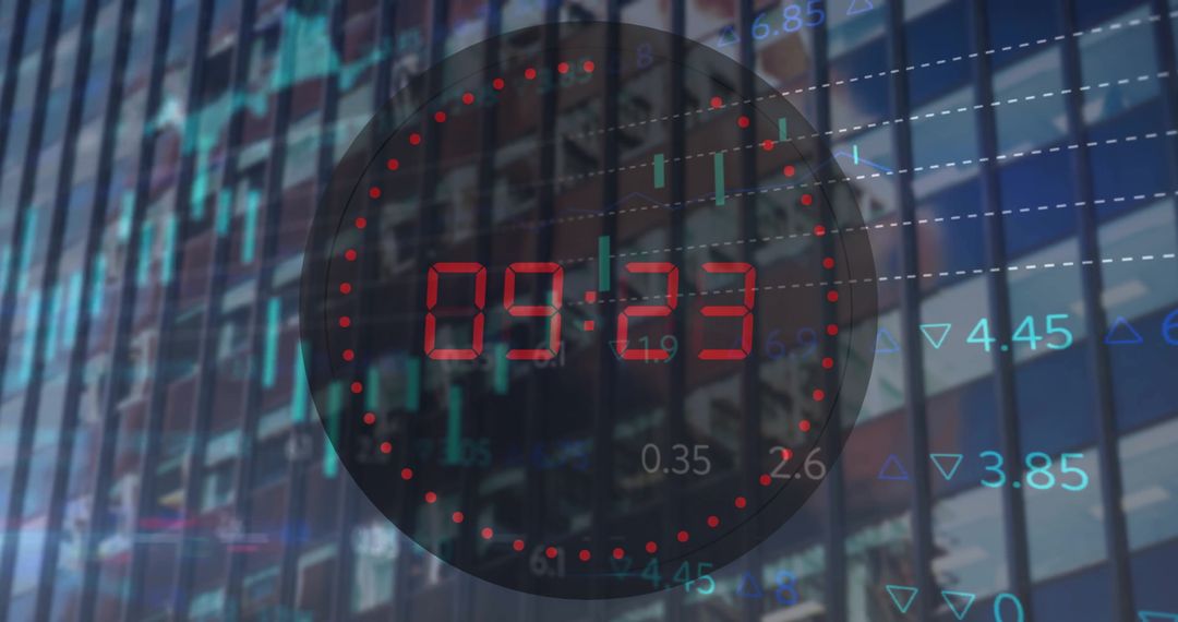Digital Clock Overlay on Financial Data and Urban Skyline