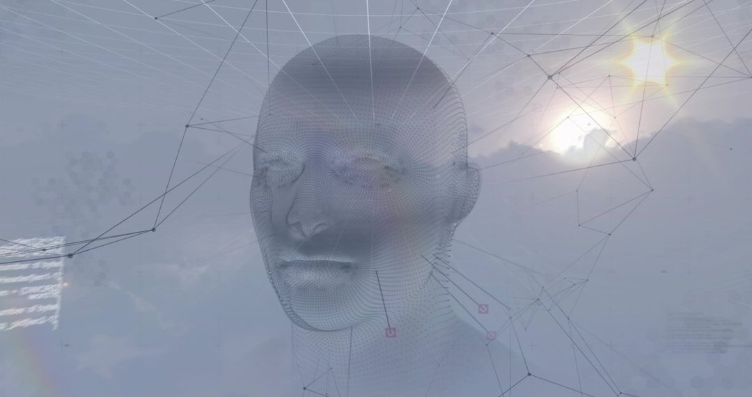 Futuristic 3D Wireframe Human Head in Digital Abstract Sky