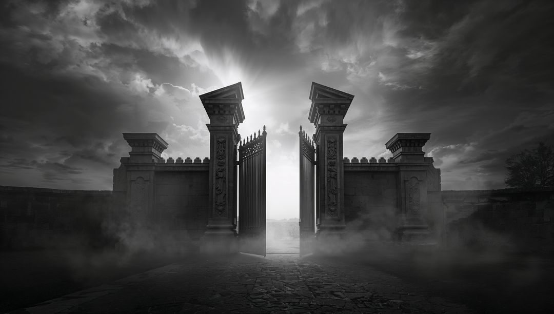 Dramatic Gothic Gateway with Fog and Stormy Sky