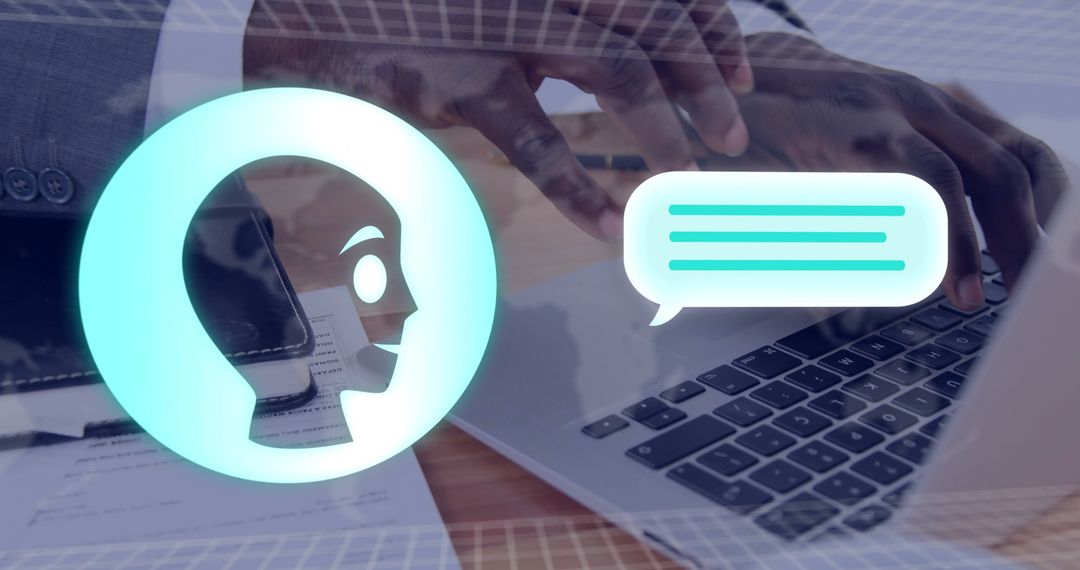 Hands on Laptop Keyboard with Digital Communication Icon Overlay