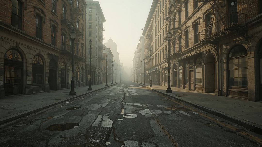 Foggy Urban Street with Historic Architecture and Arched Windows