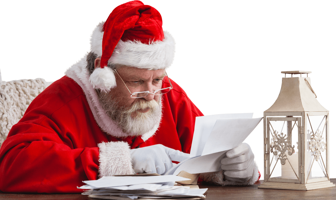 Santa Claus in Red Suit Reading Letters on Transparent Background