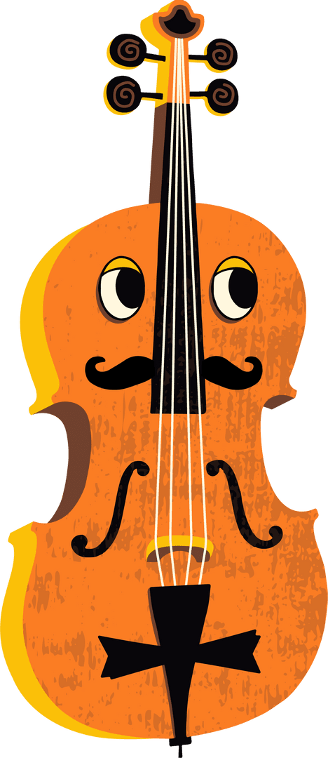 Cartoon Violin Character with Eyes and Mustache on Transparent Background